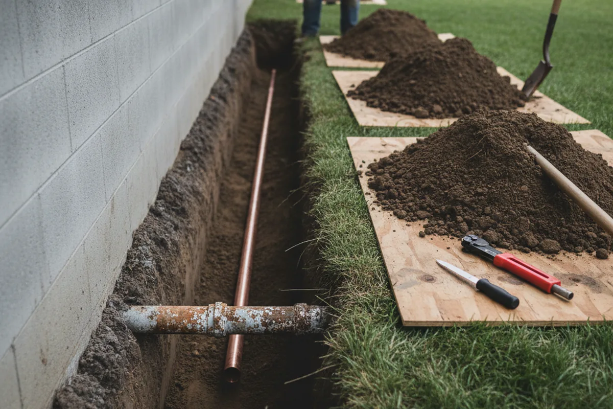 Excavated water line trench during Water Heater Repair in Rio Medina